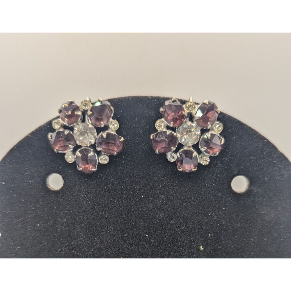 Vtg Mid Century Amethyst Clear Rhinestone Cluster Screw Back Earrings